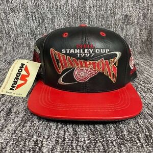 Vtg 1997 Detroit Red Wings Stanley Cup Champions Leather Snapback Hat Modern NWT